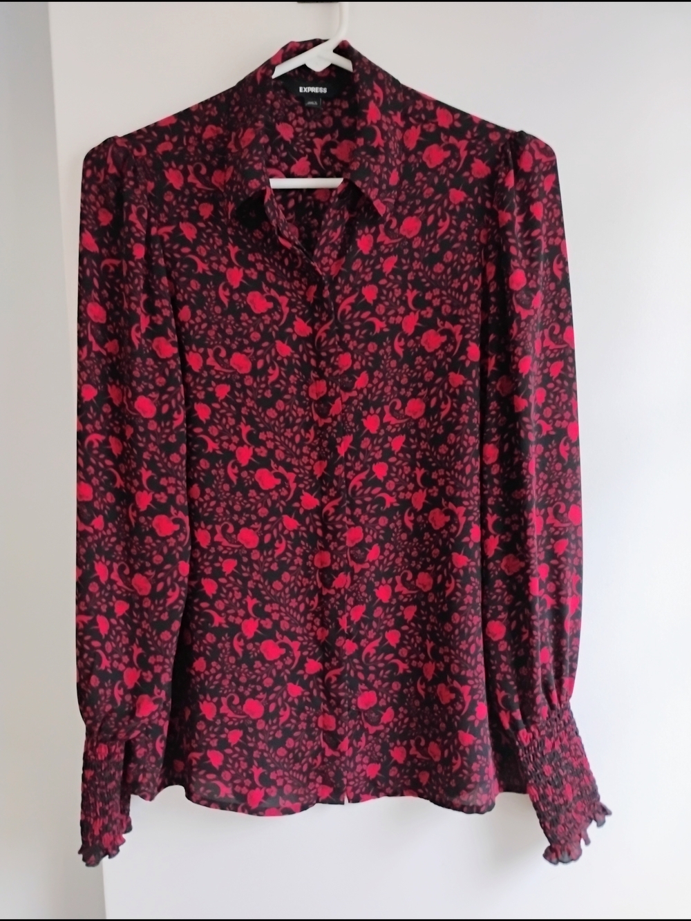 Express Black Blouse with Red Floral Print